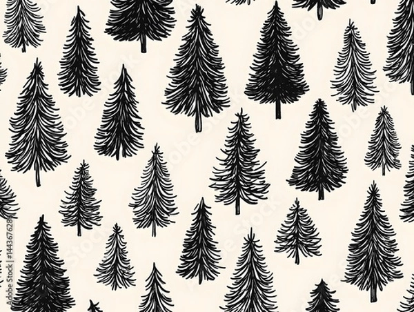 Fototapeta Seamless Christmas pattern in doodle style. Black and white background with Christmas fir-trees. , radiating understated charm