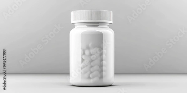 Fototapeta White pill bottle with a white lid. The bottle is empty. The lid is white and has a silver rim