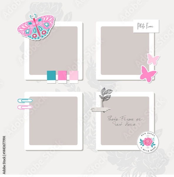 Obraz Collage photo frame on vintage background. Album template for kid,baby, family or memories. Scrapbook concept, vector illustration