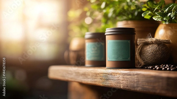 Fototapeta   A pair of jars rest atop a wooden shelf alongside a potted plant and another