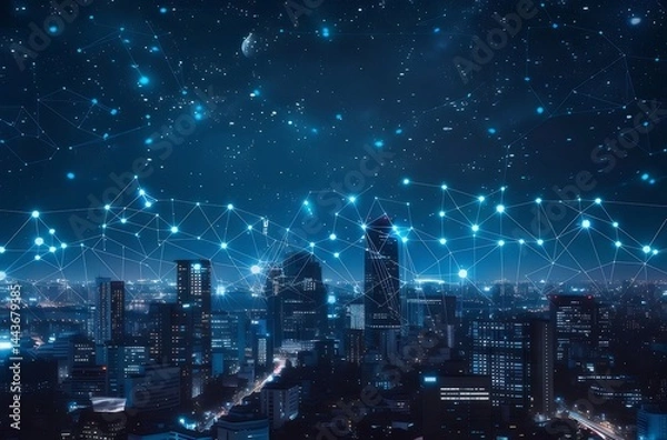 Obraz 夜空に輝くデジタルネットワークが広がる都市のパノラマビュー 青い光と未来的なデザインの都市景観