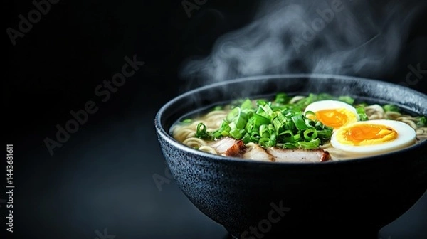Fototapeta   A steaming bowl of ramen topped with a perfectly cooked egg