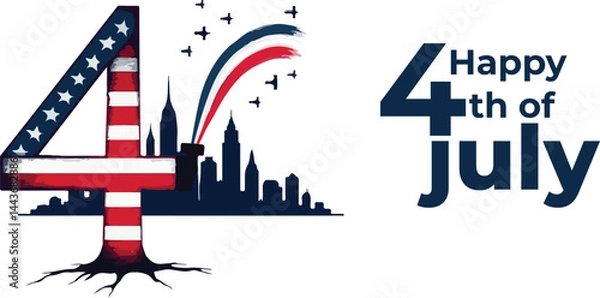 Fototapeta Modern patriotic icon collection for 4th of July featuring USA flags, liberty graphics, fireworks, and red white blue elements for Independence Day marketing, invitations, and festive web use.

