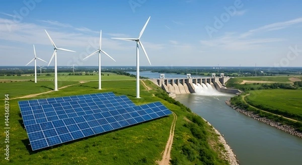 Fototapeta Renewable energy sources: solar panels, wind turbines, and hydroelectric dam for clean power generation