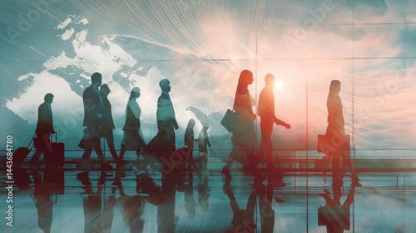 Fototapeta Silhouettes of diverse travelers walking through an airport terminal, suggesting global travel and business. Blurry world map in the background, highlighting international connections