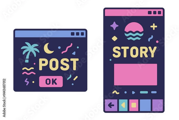Fototapeta A cute nostalgic 90s retro vaporwave post and story template is available, complete with social media stories and posts that have old computer aesthetic ui elements vector set, as well as an
