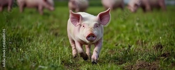 Obraz Piglet happily runs through a grassy field toward the camera