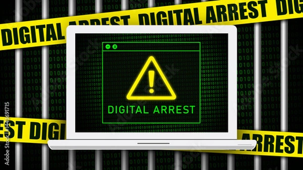 Obraz White laptop on black background displays binary code grid with yellow triangle/red exclamation mark and "DIGITAL ARREST" text. Wrapped in caution tape bars, symbolizing cybersecurity threat. Vibrant 