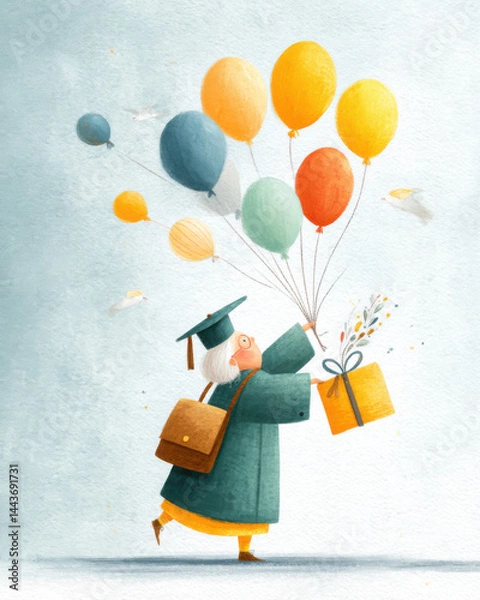 Fototapeta Celebrating graduation with balloons and a gift in a cheerful atmosphere