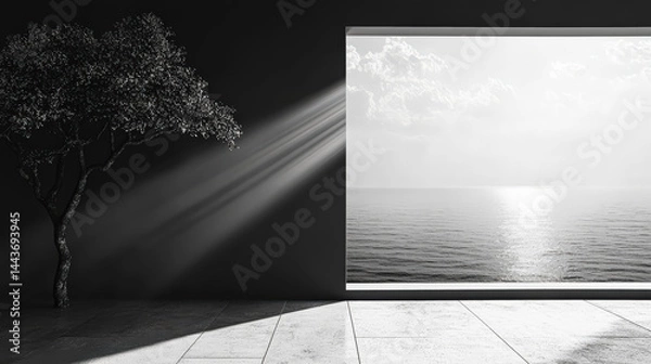 Obraz Tree is in front of a window with a view of the ocean. The sun is shining through the window, creating a bright spot on the wall
