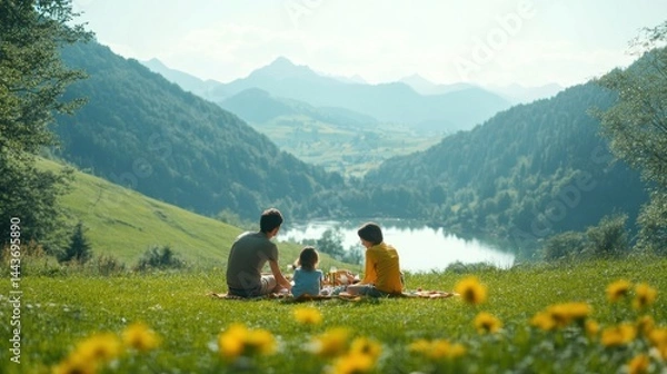 Fototapeta Family picnic in the mountains