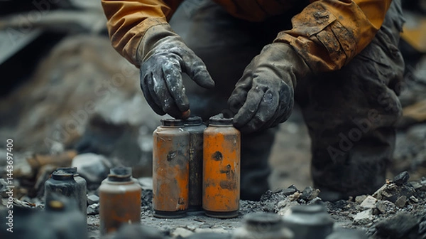 Fototapeta Person Handling Burnt Cans in Ashy Ruins