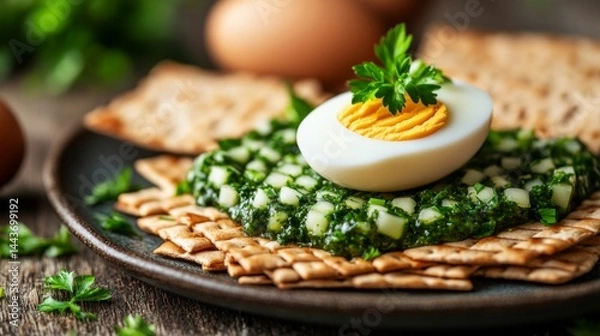 Fototapeta Hard boiled egg atop spinach and cracker appetizer