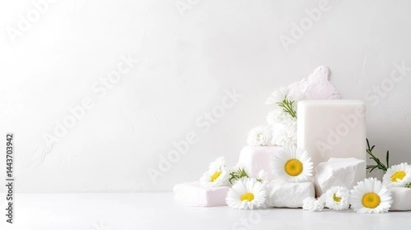 Obraz Stacked white and light pink soaps surrounded by daisies