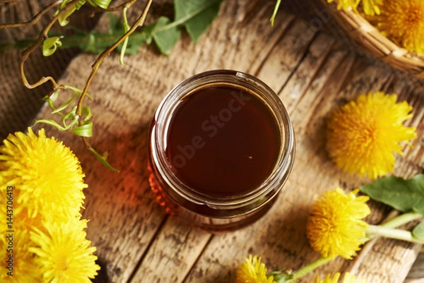 Fototapeta Dandelion honey in a glass jar