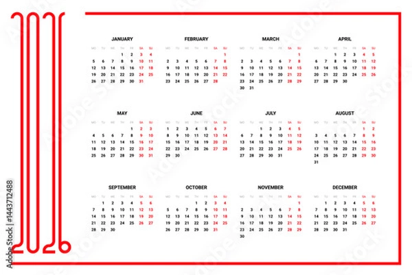 Fototapeta Calendar Layout Grid 2026 - Monthly Calendar Template