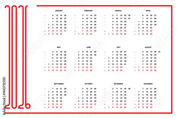 Fototapeta Calendar Layout Grid 2026 - Monthly Calendar Template