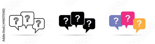 Obraz Message box with question mark in linear, silhouette, and color styles. Vector icon set on white isolated background.