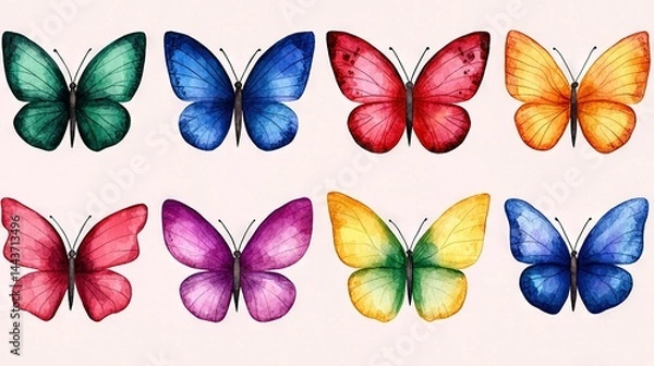 Fototapeta   A set of six diverse butterflies in vivid hues against a white backdrop, with distinct patterns on their wings