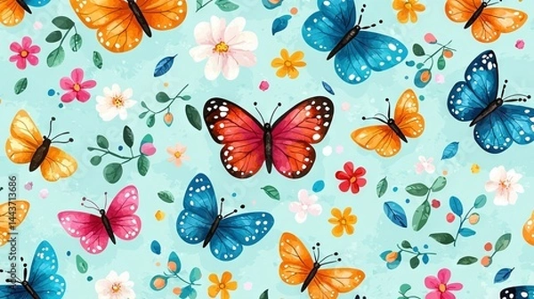 Obraz   A blue background adorned with a butterfly-and-flower motif in shades of pink, orange, blue, and white