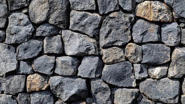 Fototapeta Wall made of large rocks. The wall is gray and has a rough texture. The rocks are of different sizes and shapes