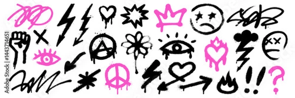 Obraz Spray paint style doodle set featuring punk symbols like lightning, anarchy, sad faces, and hearts in black and pink colors.