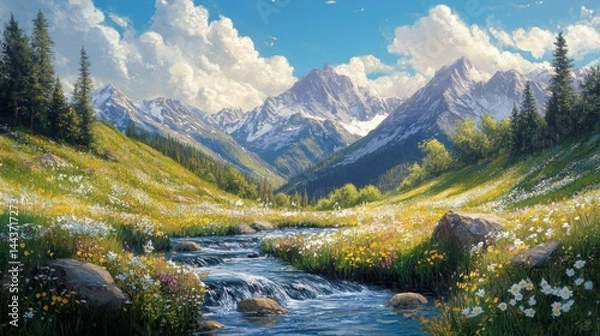 Fototapeta A serene mountain valley with a crystal-clear lake, surrounded by wildflowers 