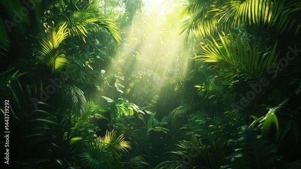 Obraz A dense jungle with exotic wildlife, sunlight filtering through the dense foliage