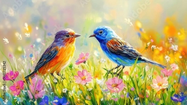 Obraz Two Colorful Birds on a Vibrant Flower Meadow in Bright Spring Landscape.