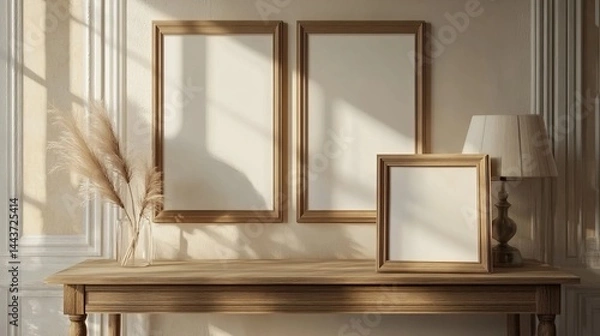 Fototapeta Frames are on the wooden table in the bedroom.