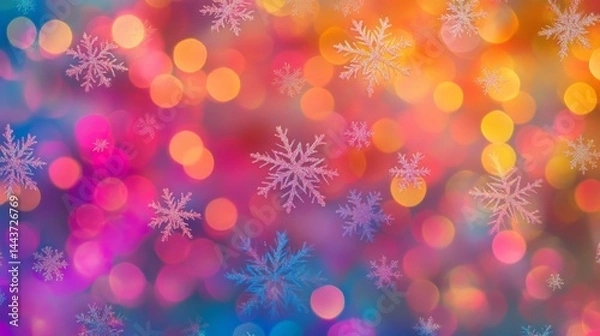 Fototapeta Snowflake on blurred, colorful bokeh Christmas backdrop.