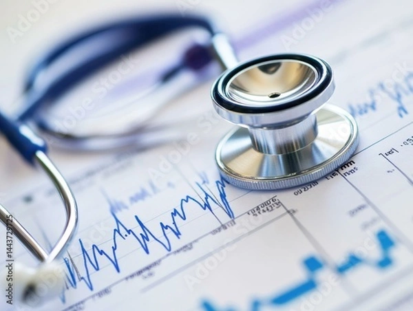 Fototapeta Detailed close-up of a stethoscope resting on a medical chart showing fluctuations and data