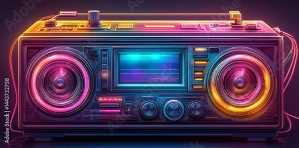 Fototapeta The boombox embodies a retro futuristic aesthetic, featuring bold colors and luminous displays on a cosmic-themed background