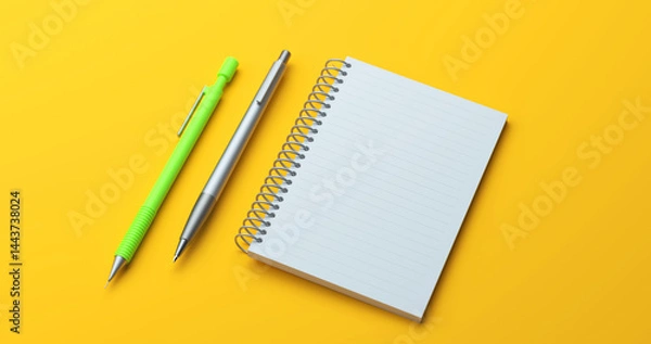 Fototapeta Spiral Notebook with Pens on Yellow Background . 3D Render empty space