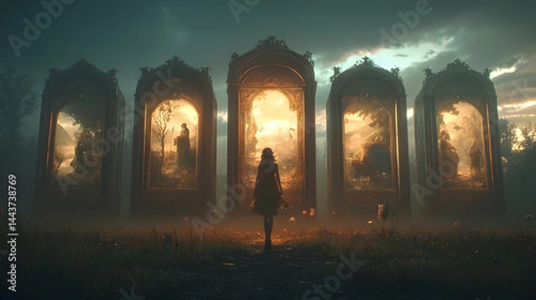 Fototapeta Girl facing ornate mirrored portals, sunset landscape, mystical fantasy art, ideal for fantasy game or book cover