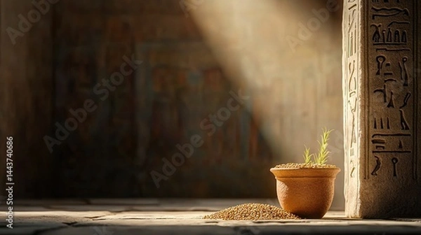 Fototapeta   A pot on stone, near Egyptian hieroglyphs on a wall behind it