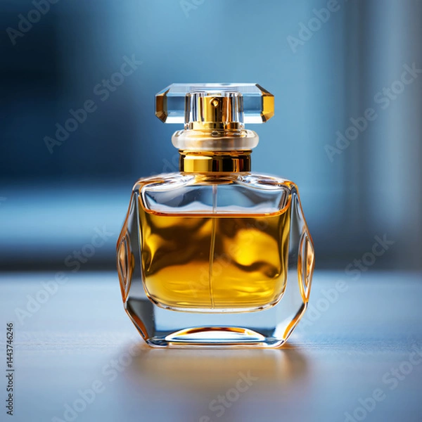 Fototapeta A bottle of perfume isolated on a bluish background