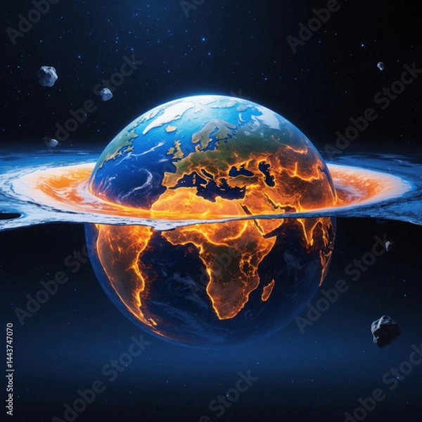 Fototapeta Earth with continents glowing orange, surrounded by ice, outer space background with stars, planetary view