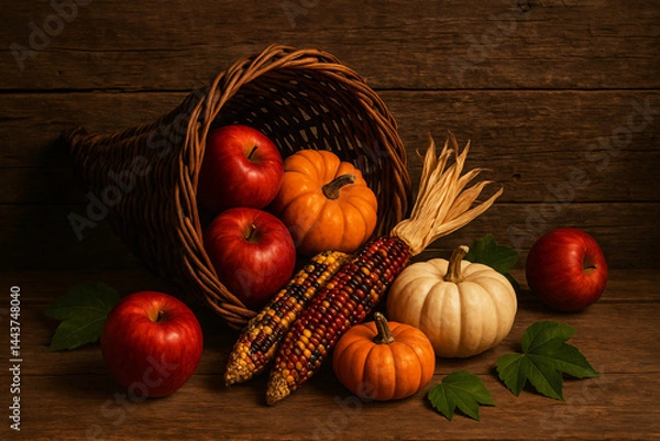 Fototapeta Autumn still life featuring apples, leaves, and harvest elements such as pumpkins and vegetables