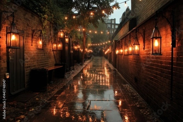 Fototapeta Narrow cobblestone alleyway in evening with vintage-style lanterns and illuminated light bulbs on string, reflecting in the rain.