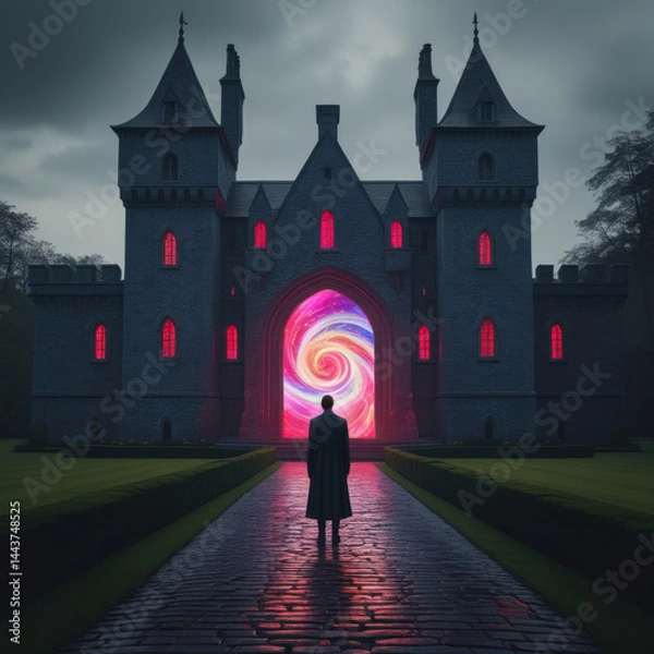 Obraz An intriguing scene featuring a majestic castle, a figure standing before a glowing swirling portal, evoking mystery, fantasy, and adventure with a supernatural ambiance