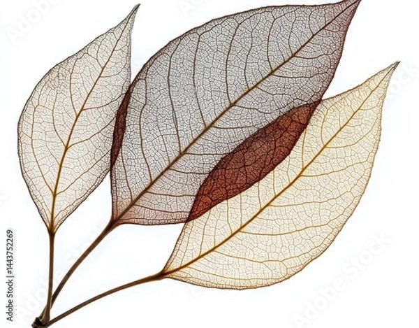 Fototapeta Delicate skeletal leaves in shades of gold and brown overlap, revealing intricate vein patterns against a bright background