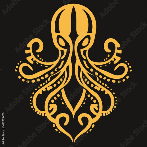 Obraz Gold Octopus Illustration with Curled Tentacles Black Background