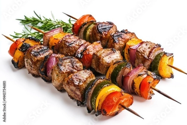 Fototapeta Shish chicken, white background. AI generated illustration.
