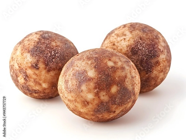 Fototapeta Three delicious chocolate truffles coated in cocoa powder sit on a white background perfect for dessert menus or packaging.