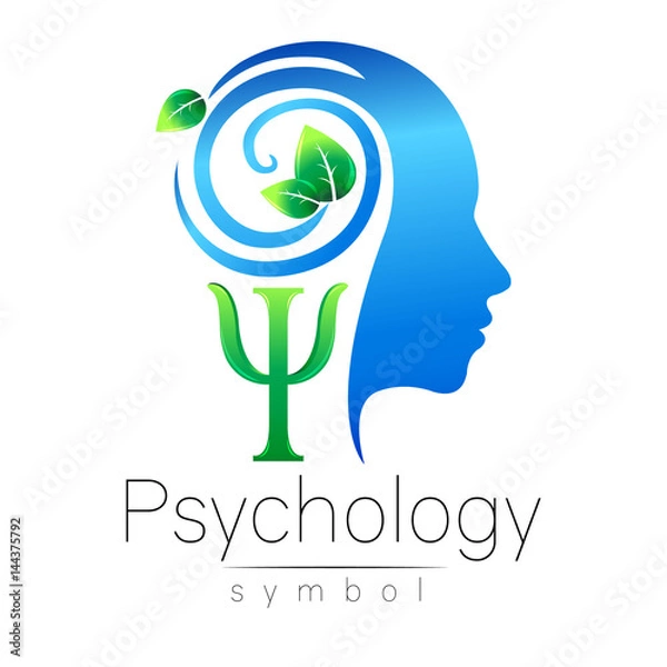 Fototapeta Nowoczesne głowa Logo znak psychologii. Profil człowieka. Zielone liście. List Psi. Symbol w wektorze. Zarys projektu. Marka firmy. Niebieski kolor na białym tle. Ikona sieci web, logotyp.