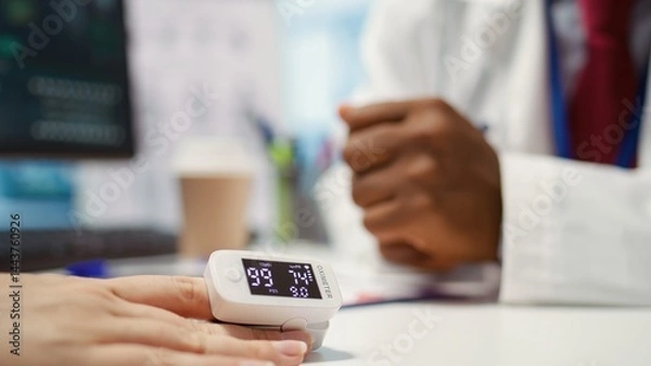 Fototapeta Physician using an oximeter on patient to measure oxygen levels and saturation, checking vital signs during examination at facility. Medic consulting a woman on health insurance. Close up. Camera B.