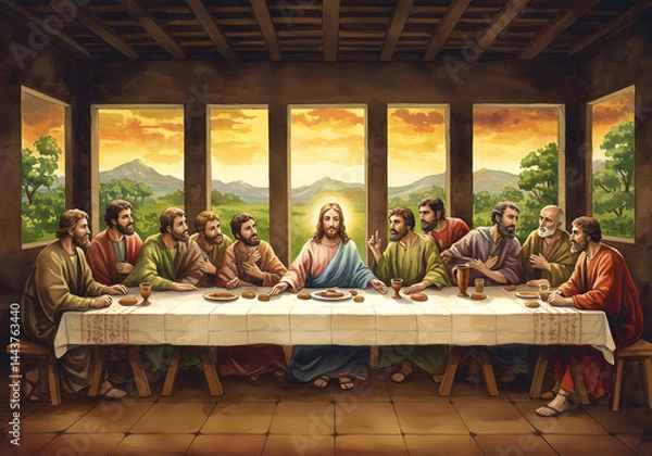 Fototapeta The Last Supper Jesus Christ with Apostles, Religious Artwork, Dining Table, Landscape Backdrop.