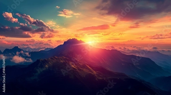 Fototapeta Majestic mountain range sunset dramatic colorful sky landscape view dawn scene peaks light image