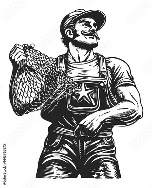 Fototapeta Vintage Hand-Drawn Engraving of Fisherman with Net in Illustration